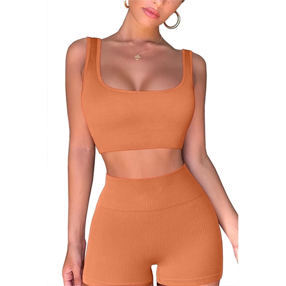 FAFOFA Orange Seamless Ribbed Workout Set - Picture 4 of 5